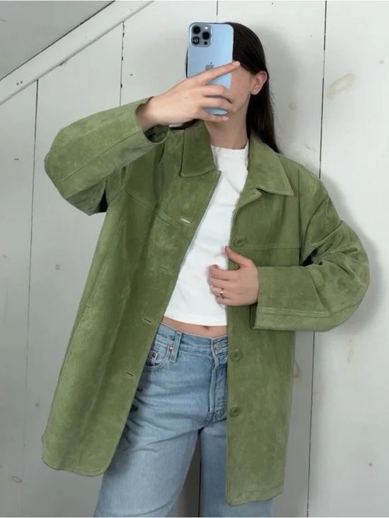 Vintage St. John’s Bay Green Suede Button Front Jacket Women’s Large Lightweight - Picture 1 of 15